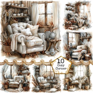 Shabby Chic Cottage Interior JPEG Cozy Corner Commercial Use Cozy Grandma&#39;s House Instant Download Paper Crafts Junk Journal Scrapbooking