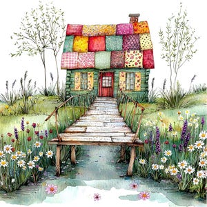May include: A watercolor painting of a small cottage with a patchwork roof. The cottage has a wooden bridge leading to the front door. The bridge is surrounded by flowers and greenery.