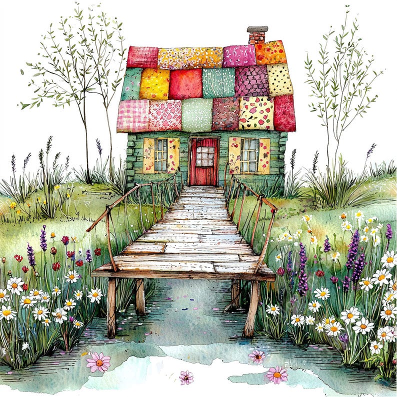 May include: A watercolor painting of a small cottage with a patchwork roof. The cottage has a wooden bridge leading to the front door. The bridge is surrounded by flowers and greenery.