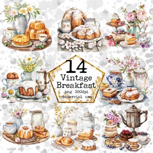 May include: A set of 14 vintage watercolor illustrations of breakfast foods, including pastries, cakes, and coffee cups. The illustrations are in a light and airy style, with a focus on detail and texture. The set is perfect for use in digital scrapbooking, card making, and other creative projects.