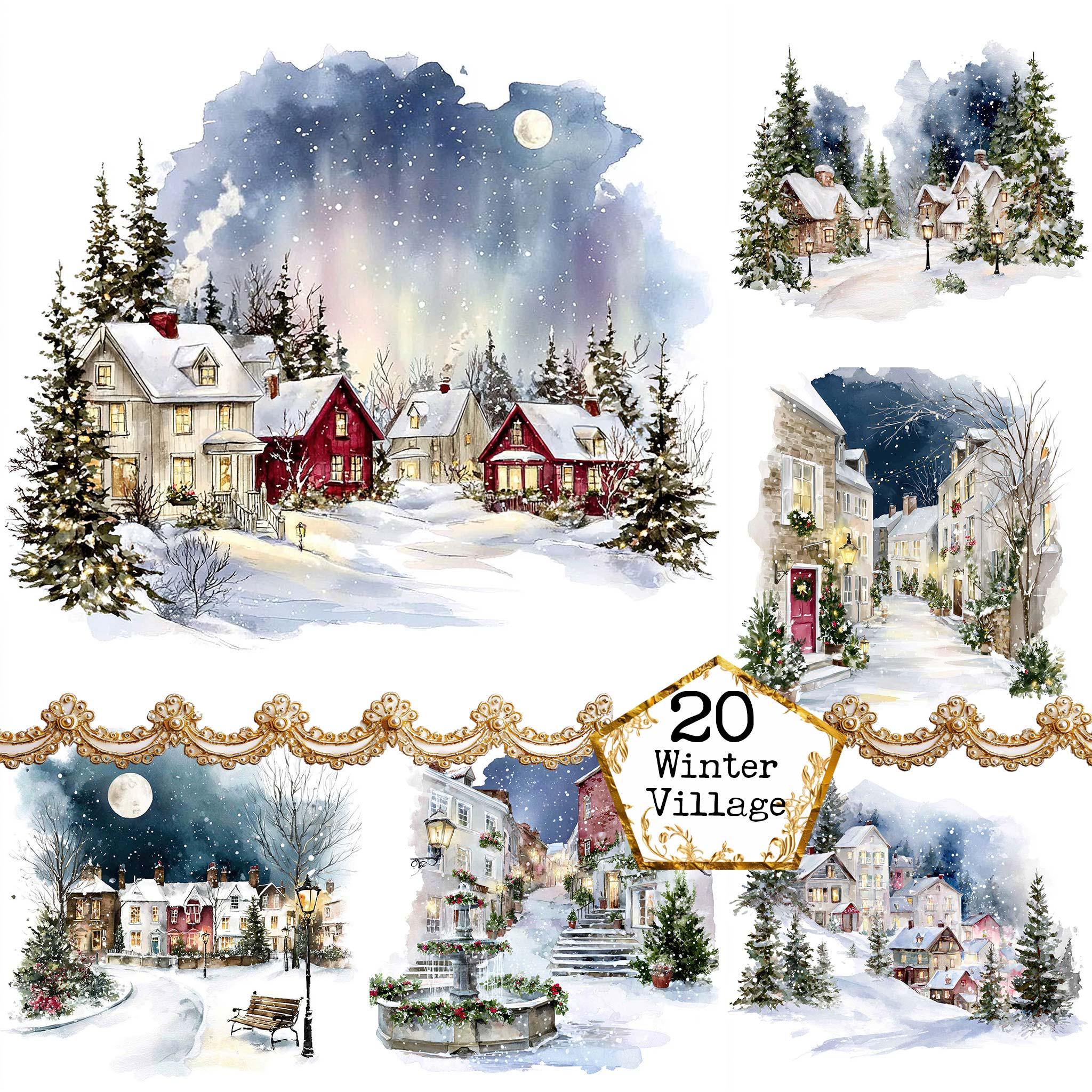Winter Village at Night - Watercolor JPEG Clipart Commercial Use Paper ...