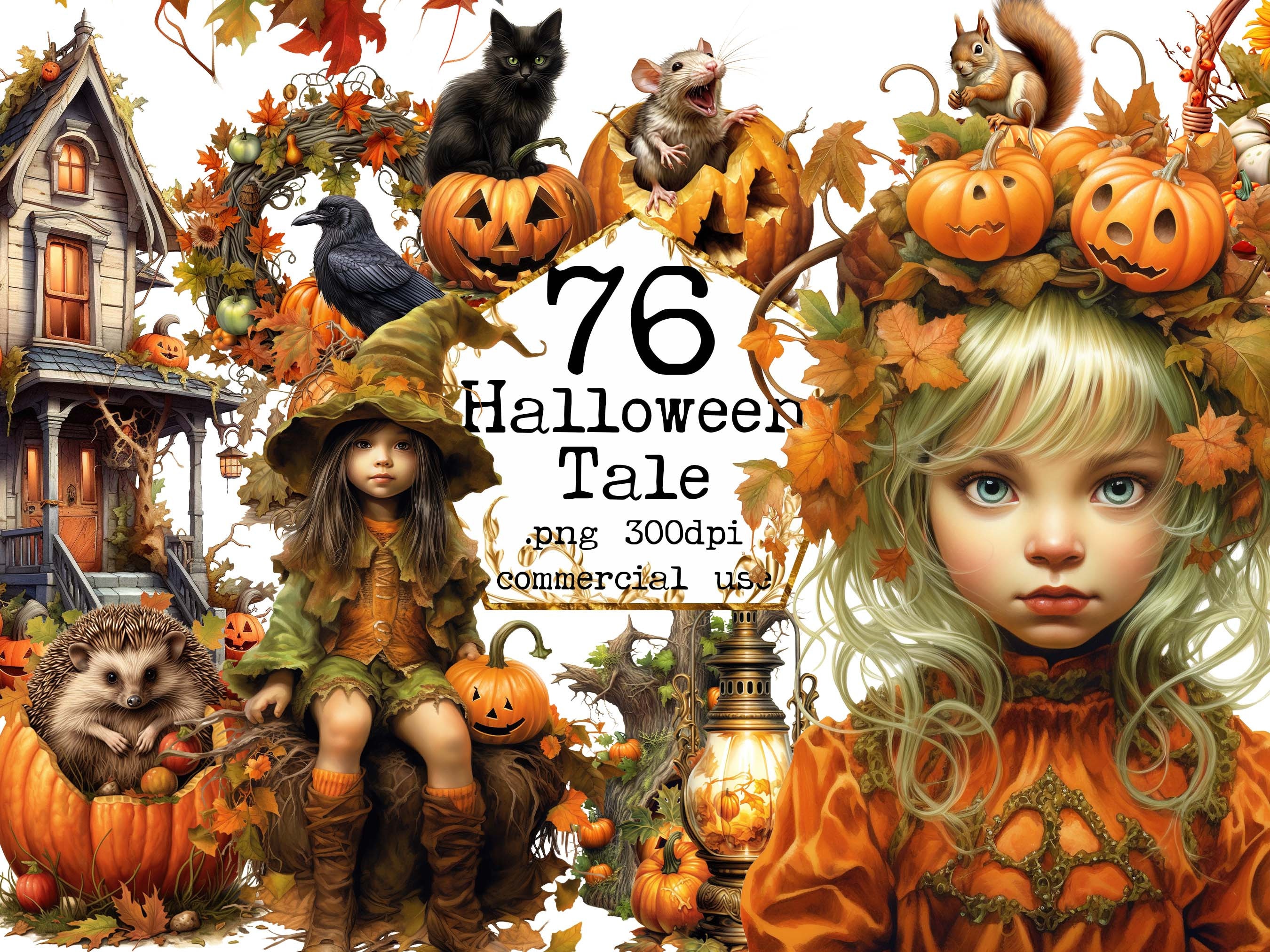 Big Halloween Bundle Clipart, Transparent PNG, Pumpkin, Haunted Mansion, Raven, Hedgehog, Scrapbook, Junk Journal, Paper Crafts Scrapbooking