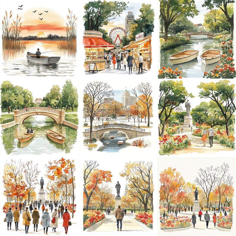 a series of pictures of people walking around a park