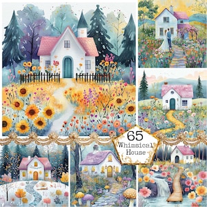 JPEG Acquerello Cottage stravagante Grafica Fantasy House Spring House Clipart Bundle Download immediato Artigianato di carta Diario spazzatura Scrapbooking