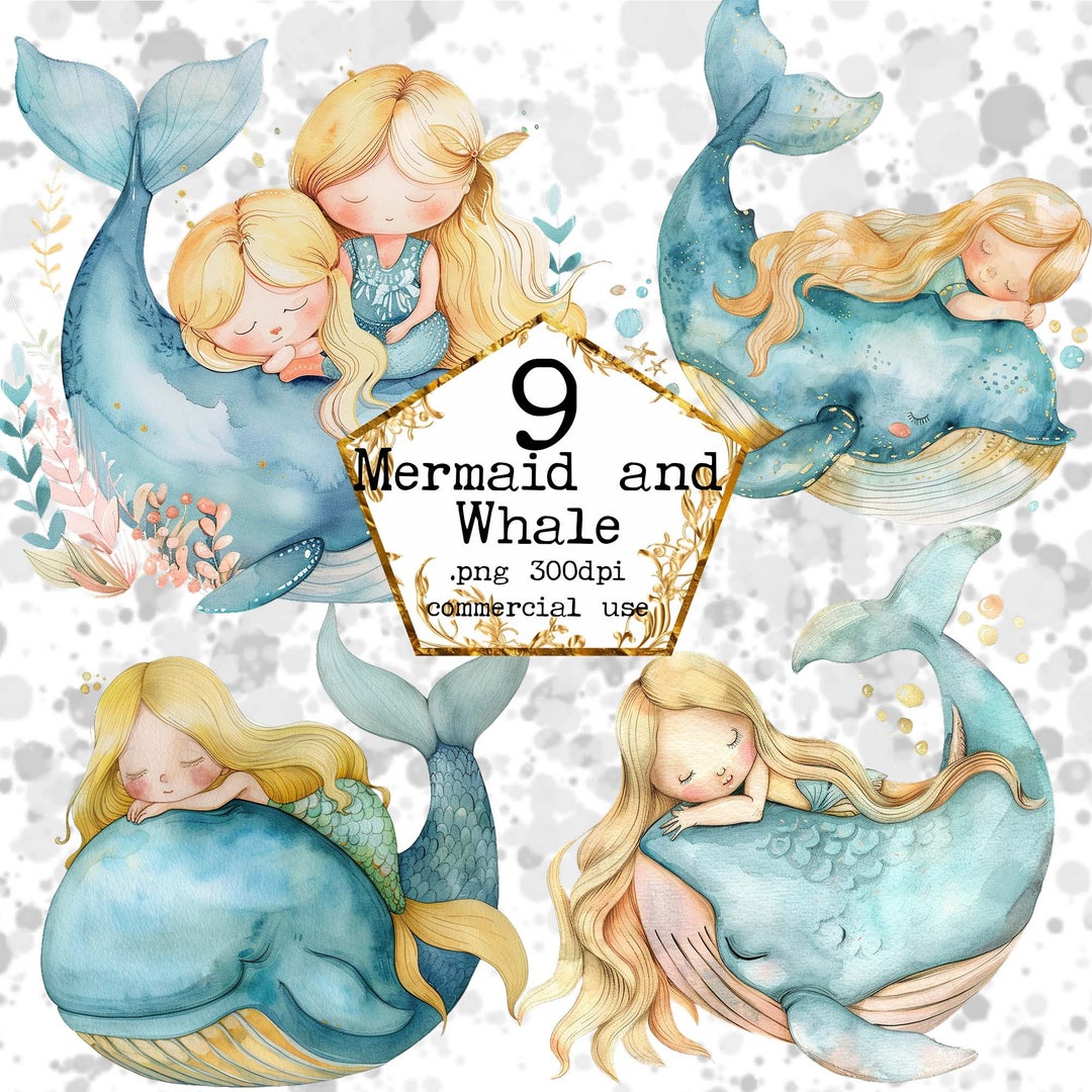 PNG Watercolor Little Mermaid and Whale Clipart Bundle Png Commercial ...