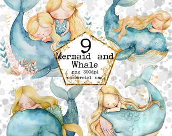 Watercolor Little Mermaid and Whale Clipart Bundle Png Commercial Use Instant Download Paper Crafts Junk Journal Scrapbooking