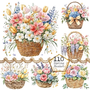 PNG + JPEG Cestini di fiori primaverili ad acquerello Clipart Cesto di vimini Clipart Fiori selvatici Download immediato Carta artigianale Giornale spazzatura Scrapbooking