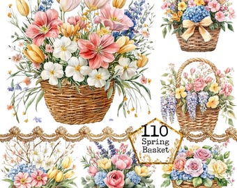 水彩画風春の花のクリップアート：花柄バスケットのデザイン - Etsy 日本