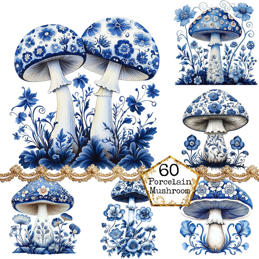 PNG + JPEG Delft Blue Antique Mushroom Tile Clipart Bundle Watercolor ...