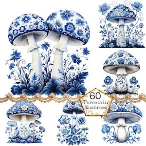 PNG + JPEG Delft Blue Antique Mushroom Tile Clipart Bundle Acquerello Floreale Fungo Download Istantaneo Carta Artigianato Junk Journal Scrapbooking