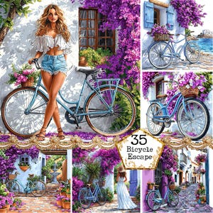JPEG Graphismes de vélo printanier Fleur de printemps Fille de fleur pourpre Images rustiques Cottage Téléchargement instantané Créations en papier Journal indésirable Scrapbooking
