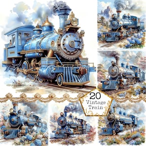 JPEG acuarela vintage floral tren vintage locomotora clipart paquete JPEG Descarga instantánea artesanías de papel diario basura Scrapbooking