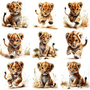 May include: Nine adorable lion cubs in various poses, including running, sitting, and standing. The cubs are all brown and white with black stripes. They are set against a white background with some green grass and brown earth.