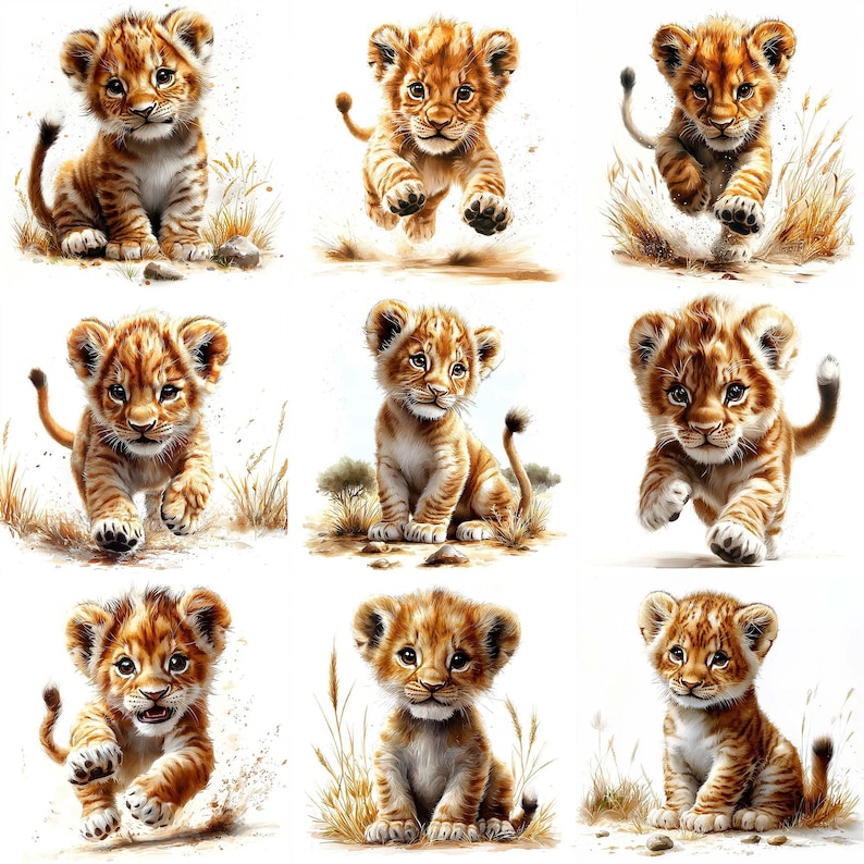 May include: Nine adorable lion cubs in various poses, including running, sitting, and standing. The cubs are all brown and white with black stripes. They are set against a white background with some green grass and brown earth.