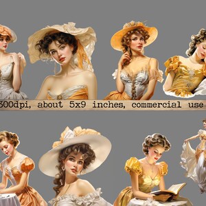 K&ouml;nnte beinhalten: Eine digitale Collage aus sieben Vintage-Illustrationen von Frauen in H&uuml;ten und Kleidern. Die Frauen sind in verschiedenen Posen dargestellt, darunter beim Lesen eines Buches, beim Schlafen und beim Blick auf den Betrachter. Die Bilder sind in einem weichen, romantischen Stil gehalten und eignen sich perfekt f&uuml;r die Verwendung in digitalem Scrapbooking, Kartenherstellung oder anderen kreativen Projekten.