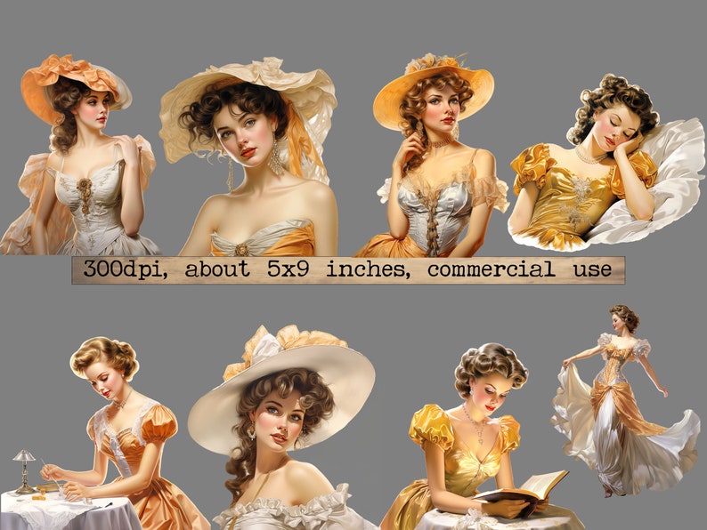 K&ouml;nnte beinhalten: Eine digitale Collage aus sieben Vintage-Illustrationen von Frauen in H&uuml;ten und Kleidern. Die Frauen sind in verschiedenen Posen dargestellt, darunter beim Lesen eines Buches, beim Schlafen und beim Blick auf den Betrachter. Die Bilder sind in einem weichen, romantischen Stil gehalten und eignen sich perfekt f&uuml;r die Verwendung in digitalem Scrapbooking, Kartenherstellung oder anderen kreativen Projekten.