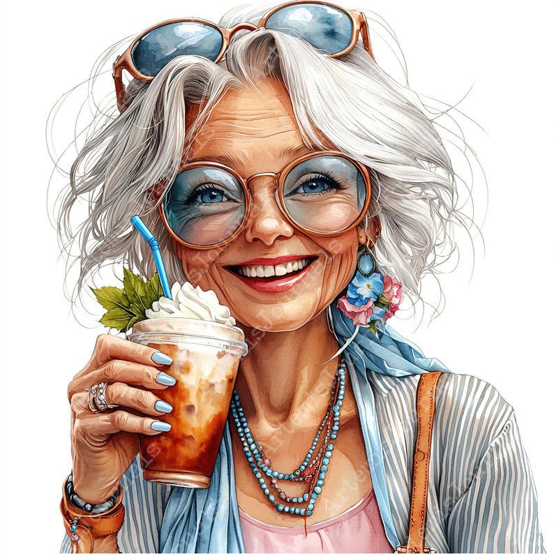 JPEG Watercolor Elderly Lady on Holliday Clipart Bundle Drinking Coffee ...