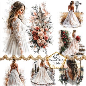 JPEG Acquerello Sposa Clipart Bundle Matrimonio estivo con scenario Commerciale Download immediato Artigianato di carta Diario spazzatura Scrapbooking