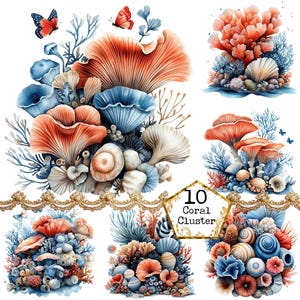 PNG + JPEG Watercolor Coral Reef Clipart Bundle See life Clipart Ocean Summer Art Instant Download Paper Craft Junk Journal Scrapbooking