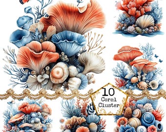 Paquete de imágenes prediseñadas de arrecifes de coral en acuarela (PNG + JPEG). Imágenes prediseñadas de vida marina. Arte veraniego. Descarga instantánea. Manualidades en papel. Diario basura. Scrapbooking.
