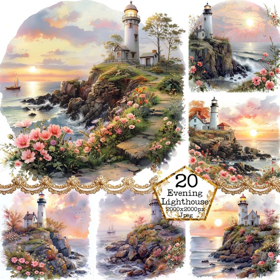 JPEG Watercolor Lighthouse Clipart JPEG Instant Download Nautical Clipart Commercial Use Paper Crafts Junk Journal Scrapbooking Commercial
