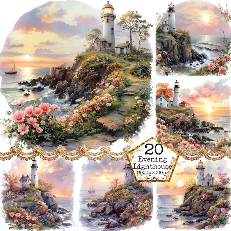 May include: Watercolor art featuring multiple lighthouse scenes at sunset. Each image shows a white lighthouse on a rocky cliff, surrounded by pink flowers and the ocean. The text "20 Evening Lighthouse" is visible.