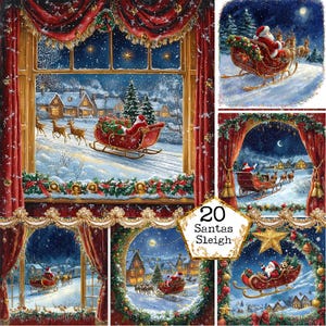 JPEG aquarel vintage kerstraam, gordijnafbeeldingen, kerstman slee jpeg direct downloaden, plakboek, rommeldagboek, papierkunst