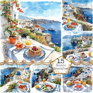 Petit-déjeuner aquarelle JPEG sur un balcon de l'île grecque Clipart Bundle
