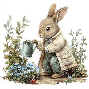 a painting of a rabbit holding a watering can