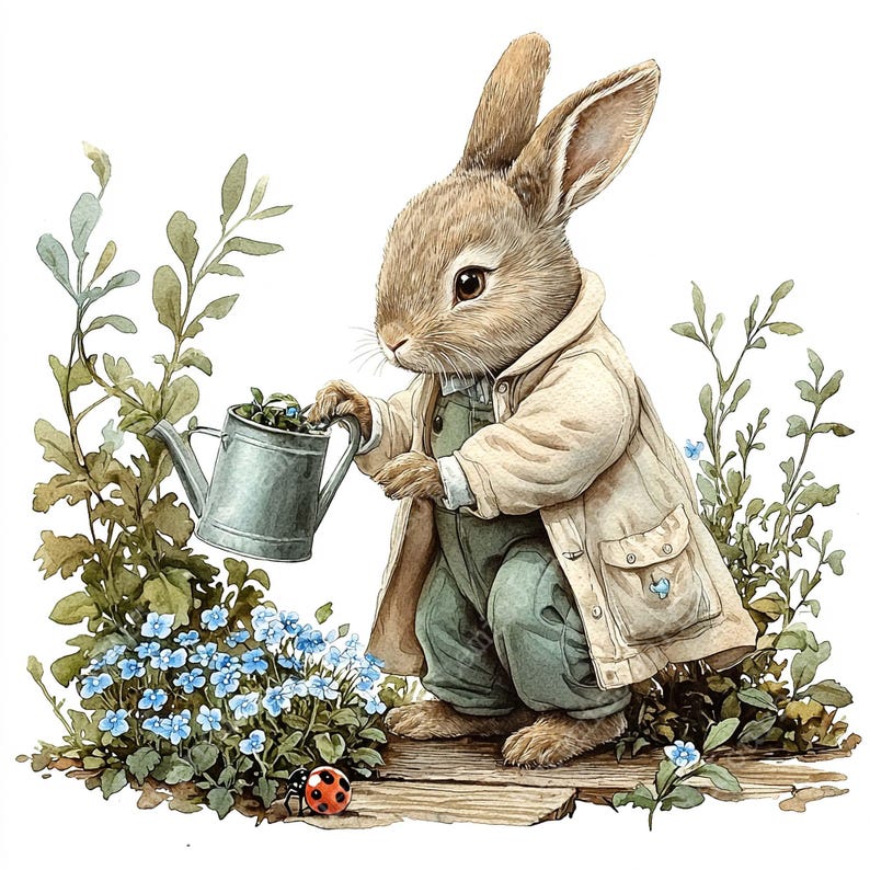 a painting of a rabbit holding a watering can