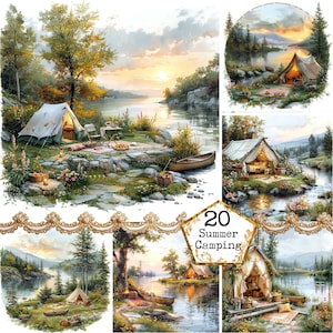 JPEG Aquarell Camping Ansicht JPEG Instant Download Zelt Fluss Landschaft See Clipart Kommerzielle Nutzung Papier Handwerk Junk Journal Scrapbooking