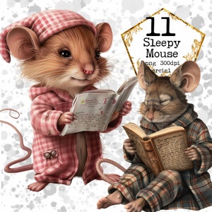 Ensemble de cliparts PNG mignon aquarelle souris endormie lecture animal PNG usage commercial Téléchargement instantané artisanat en papier Junk Journal Scrapbooking