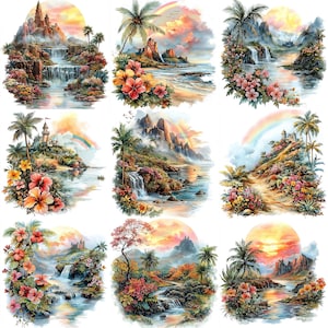 JPEG tropisch eiland begroeid met bloemen clipart JPEG bundel exotische clipart JPEG Instant Download papier ambachten ongewenste dagboek scrapbooking