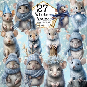 Lindo acuarela invierno ratón clipart paquete azul suéter de invierno PNG uso comercial descarga instantánea artesanías de papel diario basura scrapbooking