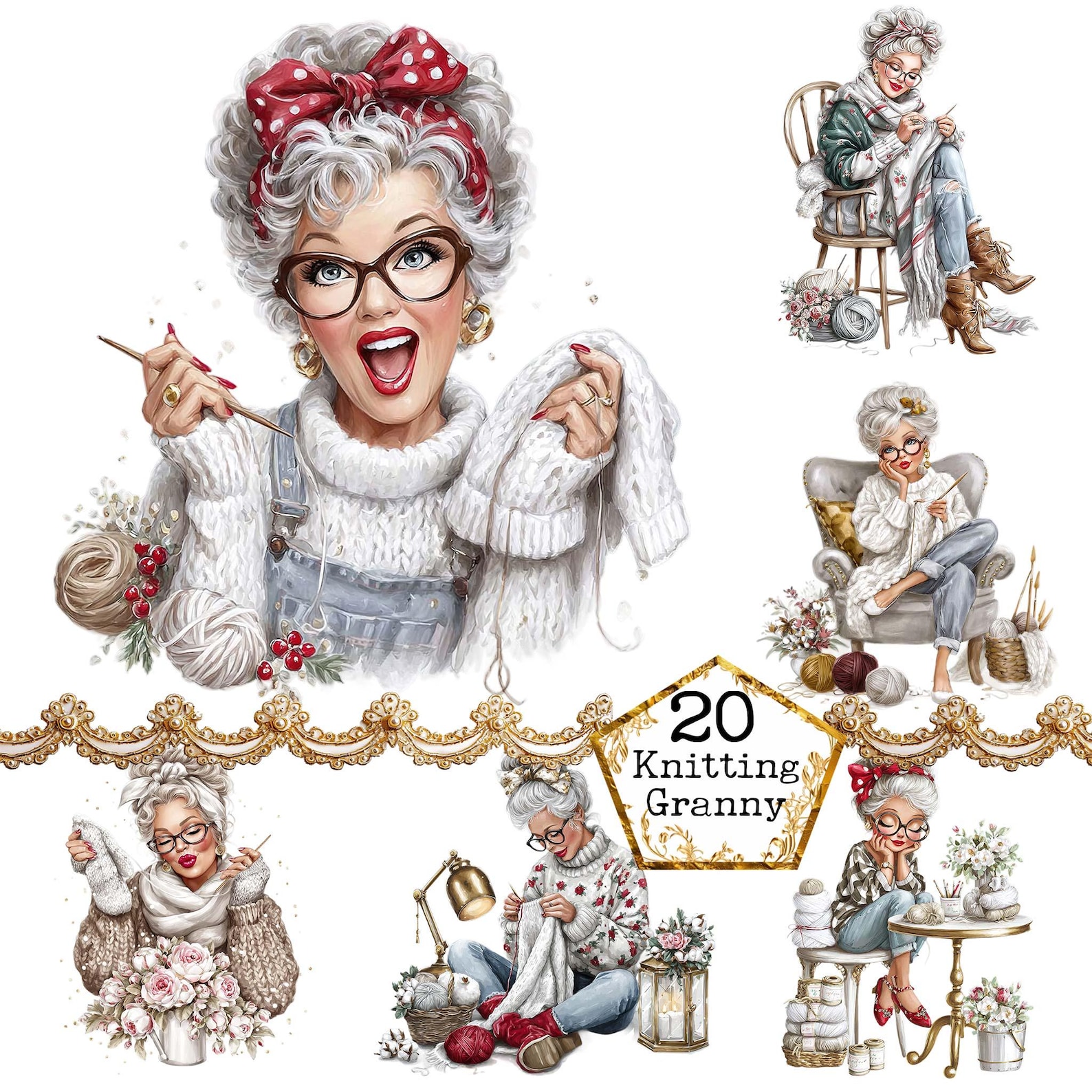 Knitting Granny - Watercolor Clipart Bundle PNG + JPEG Format Paper ...