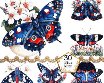 PNG + JPEG Watercolor Indigo Moth Clipart Bundle Spring Clipart Mystical Moths Art  Instant Download Paper Crafts Junk Journal Scrapbooking