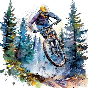 May include: A watercolor painting of a mountain biker riding downhill through a forest. The biker is wearing a yellow helmet and a purple jersey. The bike has a black frame and a brown tire. The forest is painted in shades of blue and green.