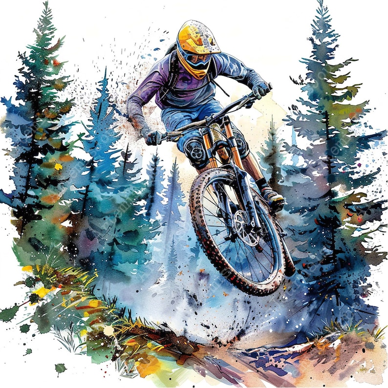 May include: A watercolor painting of a mountain biker riding downhill through a forest. The biker is wearing a yellow helmet and a purple jersey. The bike has a black frame and a brown tire. The forest is painted in shades of blue and green.