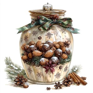 May include: A glass jar with a green ribbon and a white lid filled with almonds, chocolate covered nuts, and pine needles. The jar is decorated with snowflakes and sits on a white background with pine cones, cinnamon sticks, and star anise.