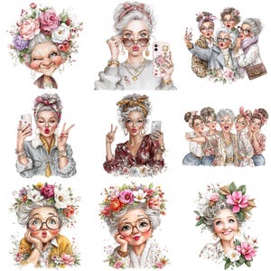 Older Lady Taking Selfies - Watercolor Clipart Bundle PNG + JPEG Paper ...