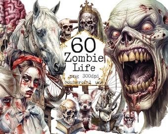 BIG Watercolor Zombies Clipart bundle, commercial use PNG, zombie, grave, skulls, dog, Scrapbook, Junk Journal, Paper Crafts Scrapbooking