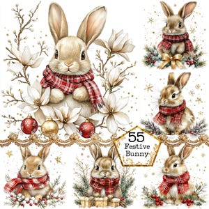 Paquete de imágenes prediseñadas de conejo navideño en acuarela JPEG, gráficos navideños, imágenes prediseñadas de invierno de Navidad, descarga instantánea, manualidades de papel, diario basura, álbumes de recortes