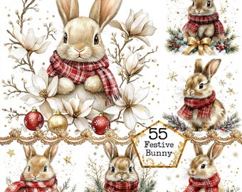 May include: A set of six digital illustrations featuring cute brown bunnies wearing red and black plaid scarves. The bunnies are surrounded by wintery elements like snowflakes, holly, and magnolia blossoms. The text "55 Festive Bunny" is included in the image.