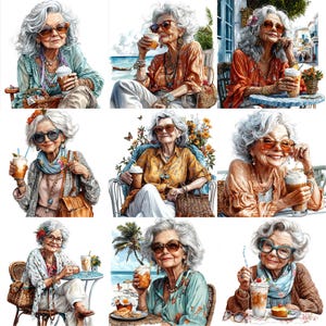JPEG Watercolor Elderly Lady on Holliday Clipart Bundle Drinking Coffee ...