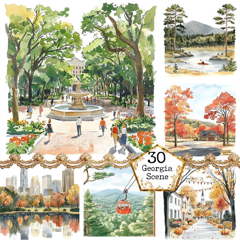 K&ouml;nnte beinhalten: Eine Collage aus Aquarellbildern, die verschiedene Szenen in Georgia zeigen. Das Bild oben links zeigt einen Brunnen in einem Park mit Menschen, die herumlaufen. Das Bild oben rechts zeigt einen See mit einer kleinen Insel und einem Kanu. Das Bild unten links zeigt eine Skyline der Stadt mit einer Reflexion im Wasser. Das Bild unten rechts zeigt eine kleine Stadt mit einer Kirche und einer Stra&szlig;e, die mit K&uuml;rbissen ges&auml;umt ist. Das Bild in der Mitte zeigt eine Seilbahn, die einen Berg hinauf f&auml;hrt.