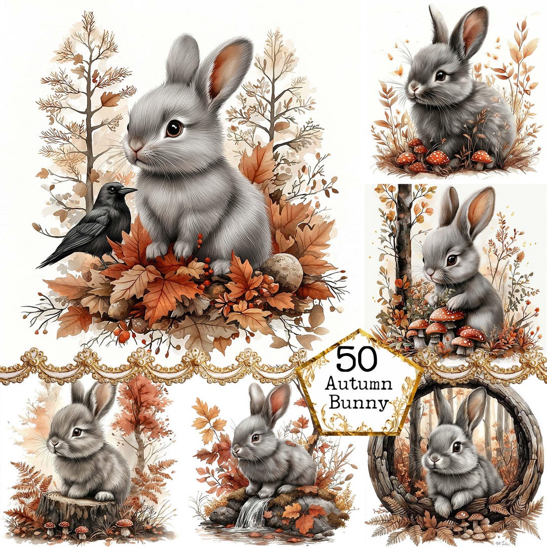 JPEG Watercolor Autumn Rabbit Clipart Bundle Cute Bunny Clipart Spring ...