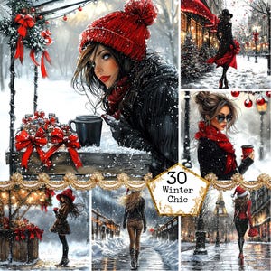 JPEG Winter Fashion Girl Graphics Winter Scene Clipart Fatal Woman Girl and Coffee Instant Download Paper Crafts Junk Journal Scrapbooking