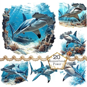 JPEG Watercolor Hammerhead Shark Clipart Bundle Fish Scrapbook Paper Watercolor Art Instant Download Paper Crafts Junk Journal Scrapbooking