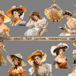K&ouml;nnte beinhalten: Eine digitale Collage mit zehn Illustrationen von Frauen im Vintage-Stil, die verschiedene H&uuml;te und Kleider tragen. Die Frauen sind in verschiedenen Posen dargestellt, einige sitzen, einige stehen und einige halten B&uuml;cher. Der Hintergrund ist einfarbig grau.