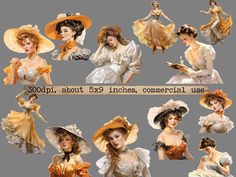 K&ouml;nnte beinhalten: Eine digitale Collage mit zehn Illustrationen von Frauen im Vintage-Stil, die verschiedene H&uuml;te und Kleider tragen. Die Frauen sind in verschiedenen Posen dargestellt, einige sitzen, einige stehen und einige halten B&uuml;cher. Der Hintergrund ist einfarbig grau.